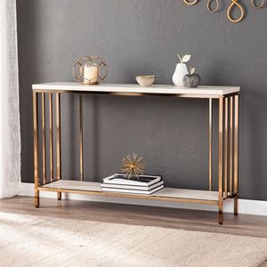 <b>Mirror</b> finish metal console <b>table</b> with glass top adds reflective beauty to elegant bedroom or hallway furniture decor - Product Image 4