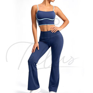 Women 2 Piece Yoga Set Blue <b>Crop</b> <b>Top</b> With Contrast Binding High Waist Flared Leggings Activewear Fitness Yoga Sets - Product Image 2