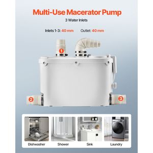Pompa Maceratrice 500W, Portata 29 GPM, Prevalenza 26 Ft/8 m, Ingresso Acqua di Scarico/Toilette, 4 Uscite Acqua, Smaltimento Rifiuti, Tritarifiuti UPF - Product Image 3