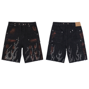 Men's High Waist Cargo Bermuda <b>Shorts</b> <b>Sequined</b> Rhinestone Decorated Street Style Button Fly 100% Cotton Canvas Fabric - Product Image 2