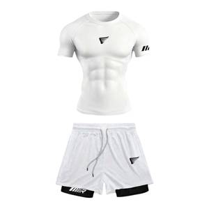 Conjunto de camiseta y pantalones cortos de compresión para hombre, cuello redondo, manga corta, secado rápido, transpirable, spandex, poliéster, unisex, ropa de gimnasio para adultos - Product Image 1