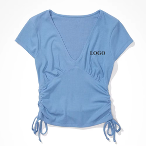 Camisetas de Verano al por Mayor para Mujer, Cuello en V, 100% Poliéster/Algodón, Impresión de Logotipo Personalizado - Product Image 6