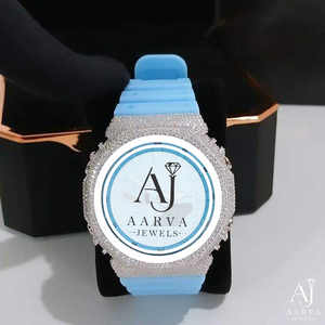 Montre à quartz analogique de luxe pour femme, bracelet en silicone, cadran rond en microfibre, pierres précieuses, bleu, 38 mm, 18 mm - Product Image 1