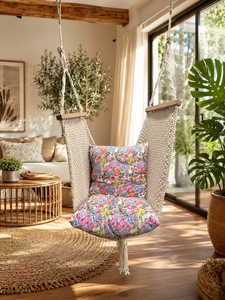 Fabricant de chaises suspendues en coton tissé à la main sur mesure |   Chaise hamac en macramé avec barre de support en bois et coussin - Product Image 3