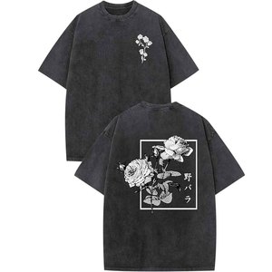 Men's Oversized Black Cotton T-Shirt Floral Print Street Style Short Sleeve O-Neck Breathable Jersey Fit - Product Image 1