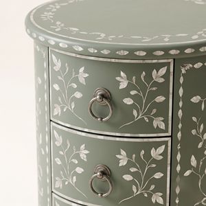 Table de chevet ronde de luxe en nacre vert sauge avec 4 tiroirs, motif floral, armoire de chevet faite à la main, meubles anciens - Product Image 5