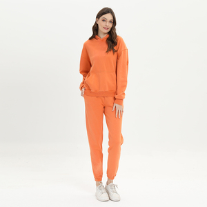 Conjunto Deportivo con Capucha para Mujer, Color Naranja Sólido, Manga Larga, Pantalones Casuales con Bolsillos Laterales, Transpirable, de Algodón, para Otoño - Product Image 4