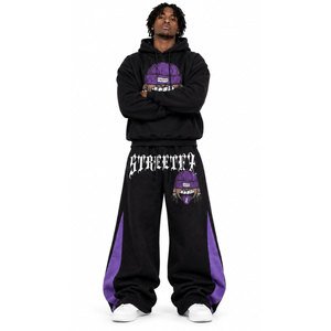 Chándal con Capucha Estilo Urbano, Negro y Morado, Estampado de Dibujos Animados, Largo, de Algodón, Corte Holgado, Cintura Elástica, Bolsillos Laterales, Otoño, Adulto - Product Image 2