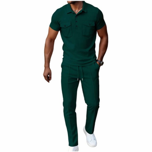 Ensemble décontracté 2 pièces pour homme : Polo à manches courtes et pantalon en coton gaufré 100% éponge 240 GSM, tricoté, tenue élégante avec poches - Product Image 5