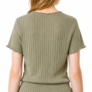 Conjunto de pijama de punto acanalado para mujer, top de manga corta con volantes y pantalones cortos, conjunto de 2 piezas de ropa informal para dormir y descansar - Product Image 5