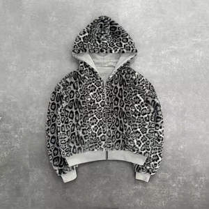 Sudadera con Capucha Reversible Premium para Hombre, de Doble Cara, con Estampado de Leopardo y Color Liso, Oversize, con Cremallera, de Tejido Grueso, Estilo Urbano Y2K - Product Image 5