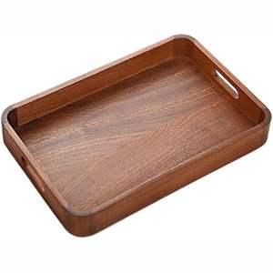 Plateau de service alimentaire classique de luxe moderne en bois d'acacia avec poignées, design rectangulaire, provenant d'un fournisseur indien - Product Image 1