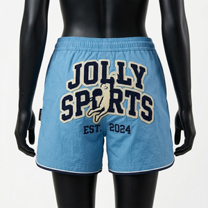 Shorts Deportivos Premium para Mujer en Mezcla de Nailon y Poliéster GSM, Color Azul Cielo, con Parche Bordado en el Lateral en Contraste, Logotipo Personalizado y Bolsillo - Product Image 2