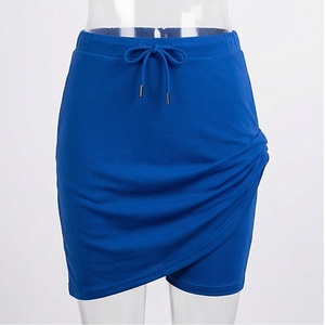 Women's Blue Asymmetrical Mini <b>Skirt</b> With Drawstring <b>Elastic</b> Waist Sporty Style Solid Color Knitted Fabric - Product Image 1