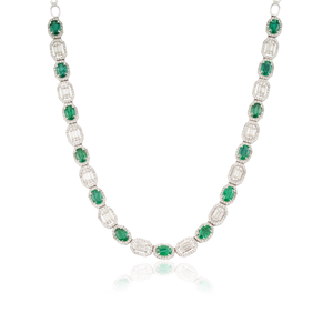 Collar de Lujo con Piedras Preciosas, Corte Ovalado de 4x5 mm, Oro Blanco Real de 14K, Esmeralda y Diamantes, Collar de Tenis, Joyería Nupcial - Product Image 1