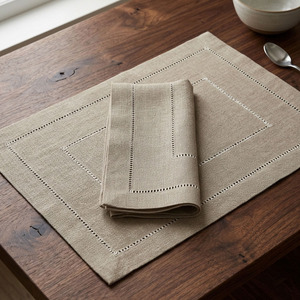 Custom Wholesale Luxury Double Hemstitch Handmade Embroidery Classic <b>Placemats</b> Napkins Sets Natural Linen Trays Thin Washable - Product Image 1
