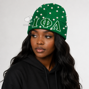 Bonnet en tricot vert orné de perles pour femme de la sororité Iota Phi Lambda, avec lettres grecques brodées en chenille, chapeau d'hiver décontracté - Product Image 5