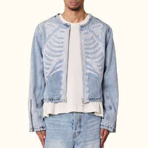 Wholesale New Arrival Washed Blue Cropped <b>Jackets</b> Long Sleeve Collarless Zipper Jean <b>Jacket</b> Men - Product Image 5