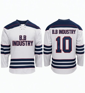 เสื้อฮอกกี้น้ำแข็งสีขาวกรมท่าแดงแบบคลาสสิกสั่งทำพิเศษจาก B.B Industry คอเชือกผูกแบบหนา ขนาดใหญ่ พรีเมียม ระบายอากาศได้ดี ผลิตด้วยเทคนิค Sublimation - Product Image 1
