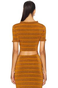 Haut court rayé scintillant pour femme, en tricot pailleté, à manches courtes et col rond, idéal pour les soirées, modèle OEM - Product Image 2