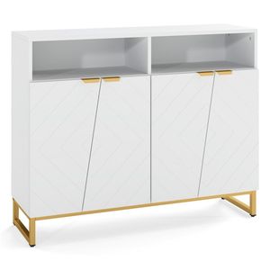 Credenza Bianca Contemporanea con Ante Irregolari, Maniglie Dorate, 2 Ripiani Aperti e Doppi Mobili a 2 Ante - Arredamento per Sala da Pranzo - Product Image 4