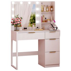 Coiffeuse en panneau de particules blanc avec finition mélaminée, 4 tiroirs, 2 étagères, 10 ampoules tricolores et multiprise intégrée - Product Image 2