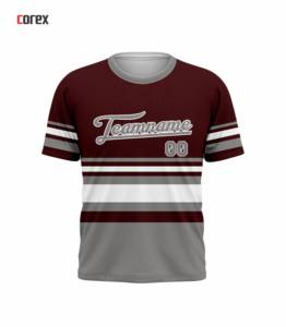 คอเร็กซ์เสื้อยืดกีฬาแขนสั้นลายทางสีมารูนเกรย์สำหรับผู้ชาย คอกลม ทรงปกติ ระบายอากาศได้ดี ผ้าถัก พิมพ์ชื่อและหมายเลข - Product Image 1