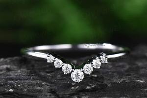 Chevron <b>Ring</b> V Band Half Eternity <b>Stacking</b> Vintage Moissanite Chevron Wedding Band: <b>Sterling</b> <b>Silver</b> V-Shape Crown <b>Silver</b> <b>Ring</b> - Product Image 3