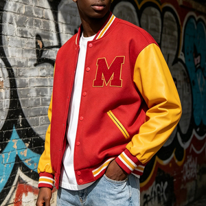 Chaqueta Varsity para Hombre Mego Industry, Color Rojo/Amarillo, Bloques de Color, Lana/Poliéster, Cuello Alto, Cierre de Botones Cubiertos, Bordada - Product Image 3
