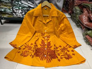 Ensemble coordonné décontracté pour femme, chemise et pantalon en coton brodé couleur moutarde, coupe ample, style indien pakistanais, longueur cheville, toutes saisons - Product Image 3