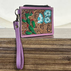 Wholesale Factory Price Hand Tooled Genuine <b>Leather</b> Card Holder <b>Wallet</b> Bohemian Style Floral Cactus Pattern Zipper Coin Pouch - Product Image 3