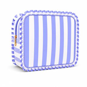 Pochette cosmétique rayée bleue, pochette à maquillage à volants, organiseur de toilette à fermeture éclair, étui de rangement de voyage - Product Image 2