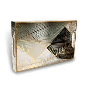 Bandeja Decorativa Geométrica de Madera Dorada de Lujo, Bandeja Rectangular para Servir con Revestimiento de Esmalte Impermeable y Asas, para Hoteles y Cafeterías - Product Image 1