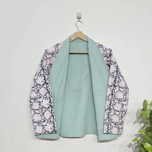 Reversible Black and White Hand Block Print Cotton Quilted <b>Jacket</b> CoatJacket, Cotton Sari <b>Kantha</b> Coat, Short <b>Jacket</b> - Product Image 1