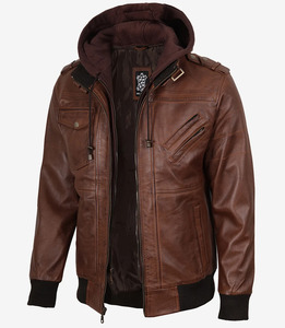 Veste bomber en cuir marron cognac sur mesure pour homme |   Capuche amovible |   Fabricant OEM - Product Image 2