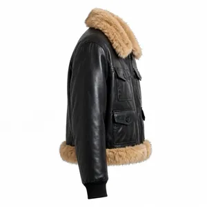 Chaqueta de cuero sintético negra para hombre con cuello de piel y cremallera, abrigo de invierno. - Product Image 3
