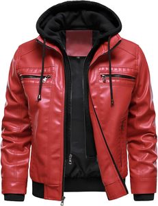 Men Red PU Leather Hooded Moto <b>Biker</b> <b>Jacket</b> Zipper Front Solid Color Winter Style Regular Sleeve Slim Fit Polyester Wadding - Product Image 5