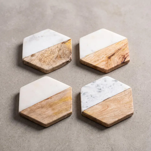 Juego de 4 Posavasos de Mármol y Madera de Mango |   Regalo de Piedra Blanca para Mesa de Centro - Product Image 6