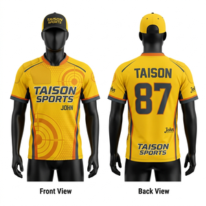 Maillot de tir pour homme 190 GSM en polyester anti-humidité jaune, noir, orange avec panneaux graphiques et logo personnalisé sublimé - Product Image 1
