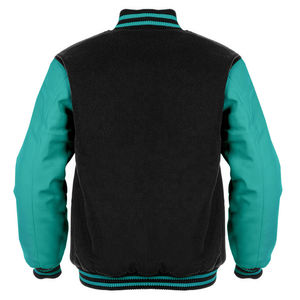 Unisex Premium Wool College Bomber <b>Jacket</b> Wholesale Varsity Letterman Hooded Front Stand Black Wool Body Sky Blue - Product Image 4