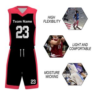 Conjunto de Uniforme de Baloncesto Personalizado Negro y Rosa, Cuello en V, Sin Mangas, Poliéster que Absorbe la Humedad, Unisex para Adultos, Todas las Temporadas - Product Image 6