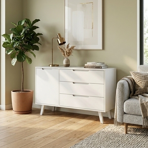 Modern White Scandinavian Sideboard Credenza 1 Door 3 Drawer Cabinet Natural Wooden Legs <b>TV</b> Media <b>Stand</b> Living Room Furniture - Product Image 5