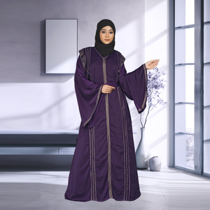 Nida Modest Islamic <b>Eid</b> Abaya V Neck Decorative Vertical Embellished Panels Adjustable Waist Tie Flowy Sleeve Floor Length Party - Product Image 1