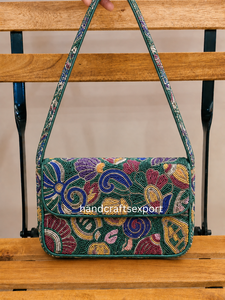 Handmade Durable Beaded Satin Embroidery Flap Shoulder <b>Bag</b> Women's Bohemian Crossbody Purse Single <b>Strap</b> Floral Pattern - Product Image 1