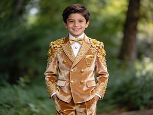 Kids Green <b>Velvet</b> Double Breasted Suit with Gold Embroidery | Boys Wedding & Party Formal Suit Set - Product Image 5