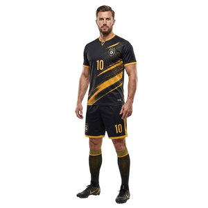 Nuevo Conjunto de Uniforme de Fútbol Personalizado Negro y Dorado para Hombre, Sublimado, Cuello en V, Bolsillos Laterales, Transpirable, Secado Rápido, Ropa Deportiva para Equipo - Product Image 3