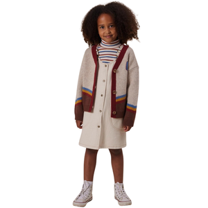 Cardigan en tricot beige brun pour bébé avec détails rayés rouges et bleus, en coton doux, boutonné devant, pour tout-petit - Product Image 3