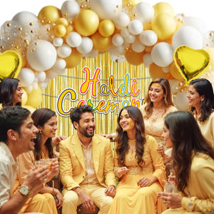 Kit Combo Jaune Pailleté pour Cérémonie Haldi |   45 ballons jaunes et blancs et rideaux en feuille d'aluminium |   Bannière scintillante Haldi - Product Image 6