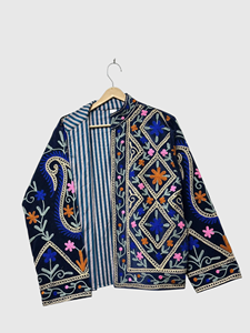 Veste en velours brodée de fleurs, col mandarin, manches longues, style Prairie Chic, vêtements d'hiver pour femmes grandes tailles - Product Image 4