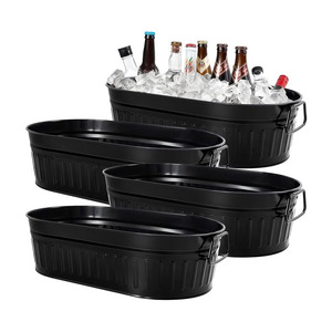 Matte Black Oval Galvanized Steel <b>Ice</b> Bucket With Wire Side Handles Ribbed Party Wine, Beer Chilling Beverage Tub For Serving - Product Image 5